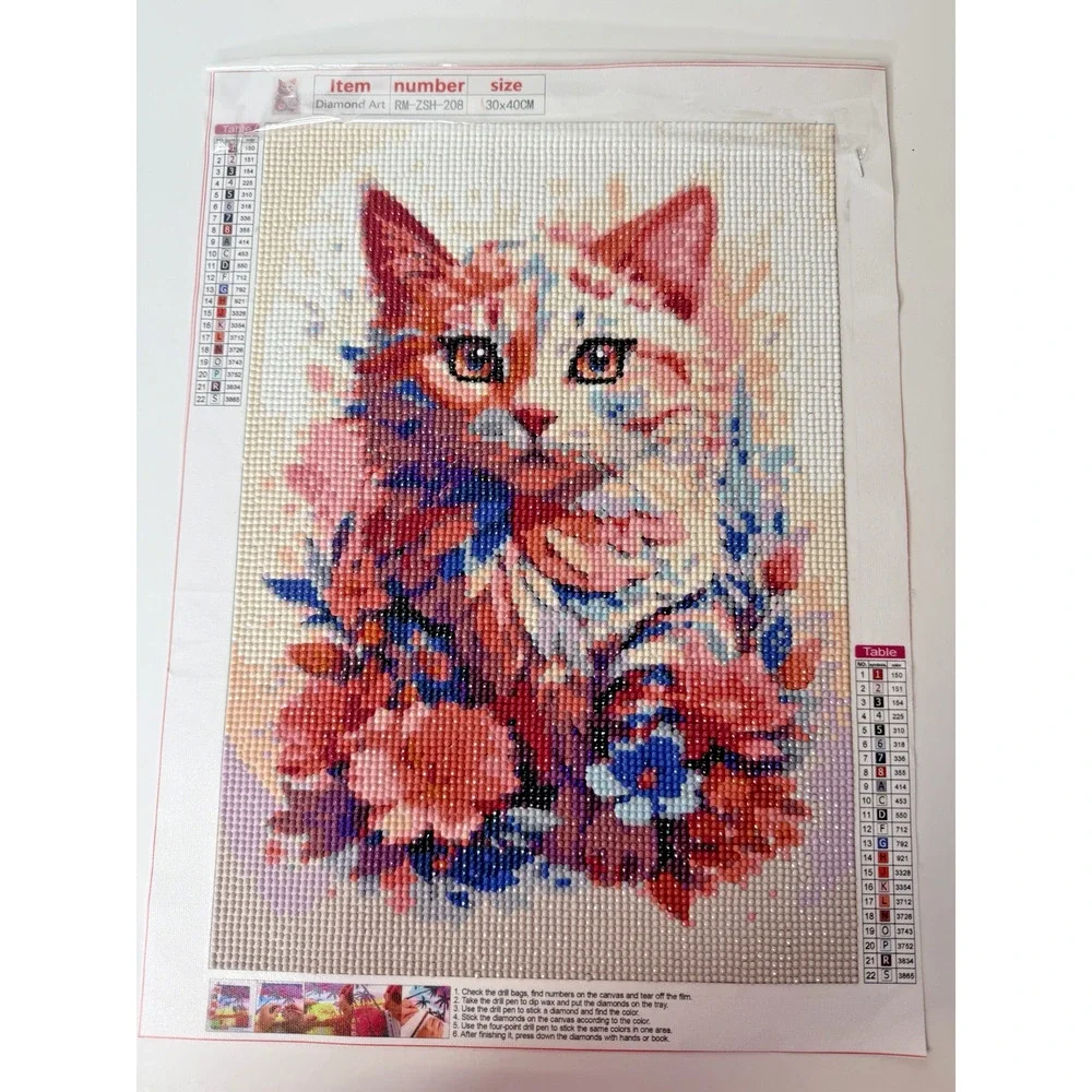 Completed Diamond Art Floral Cat Portrait Watercolor Kitten Wall Décor 12